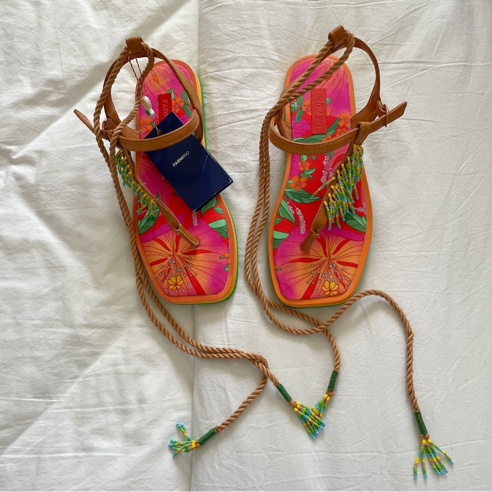 NWT Farm Rio Tropical Beaded Sandals with Lace Up Beaded Rope Detail (Women’s 9)